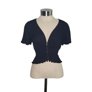 Forever 21 Size S Black Smocked Button Front Deep V-Neck Flutter Sleeve Crop Top